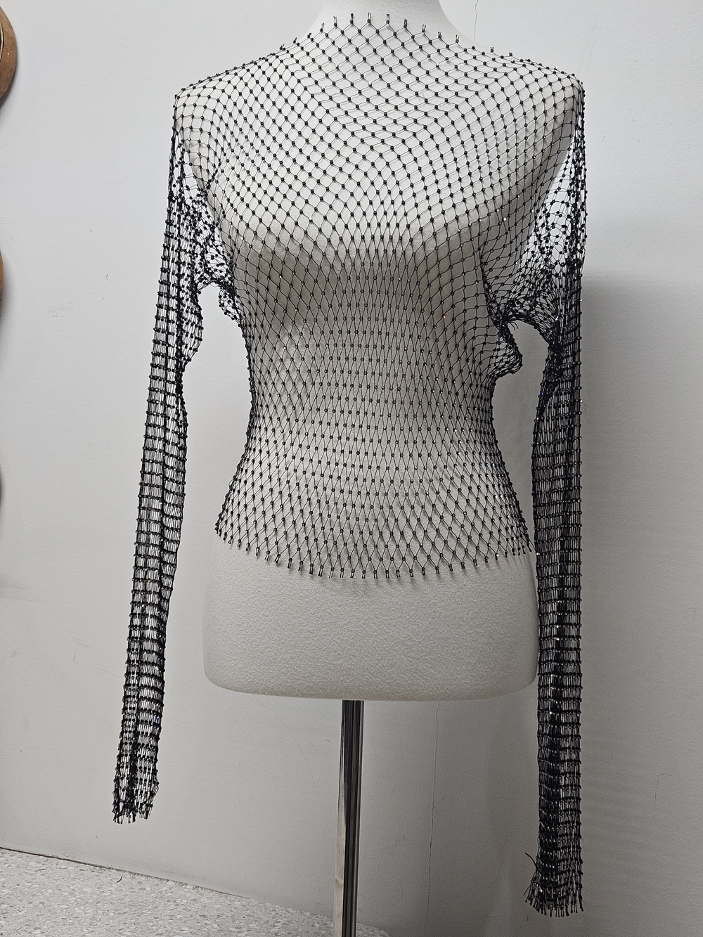 Y2K Rhinestone Mesh Chainmail Top Long Sleeve Black Crystal Net Sheer Dark Glam